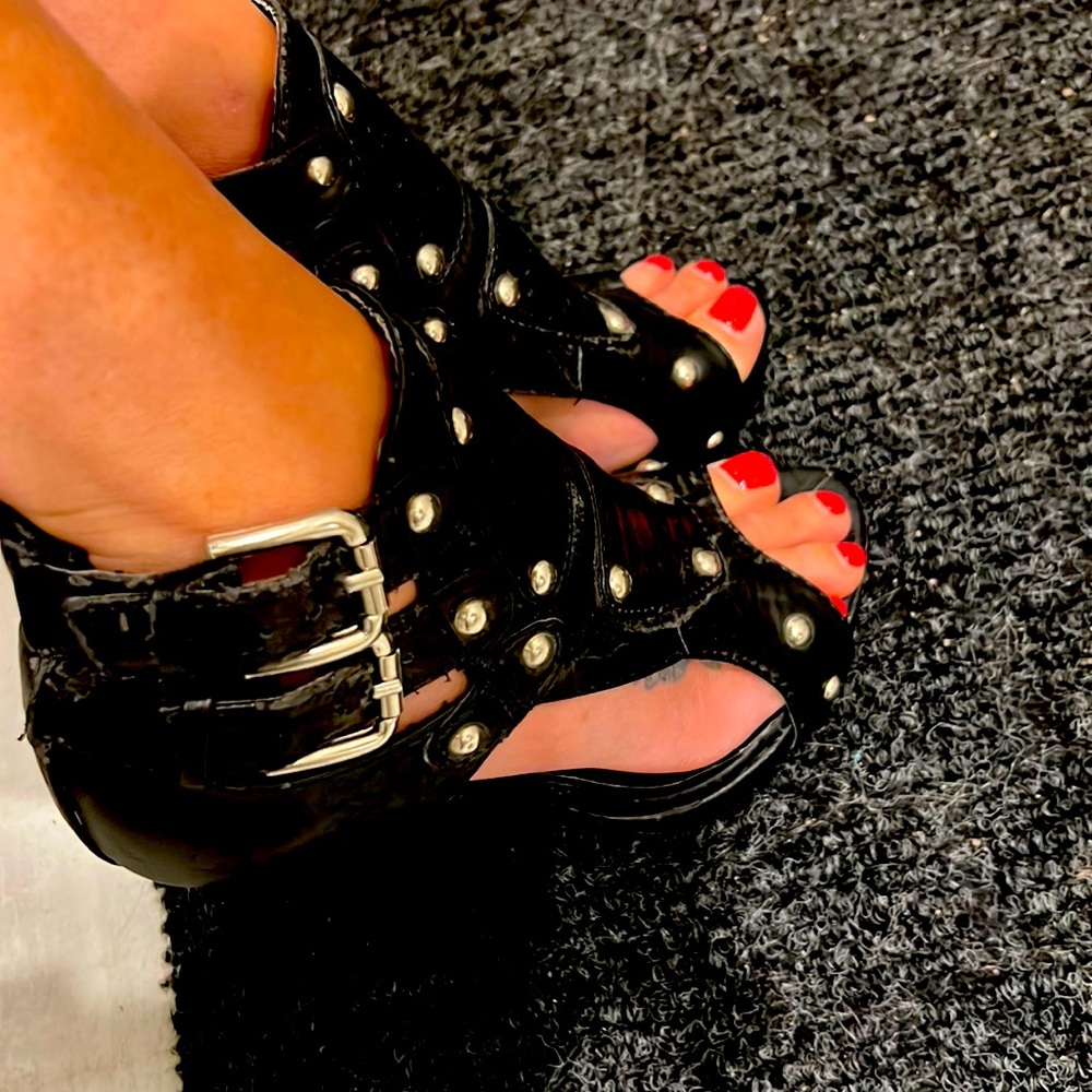 Yoki black vegan leather platform sandals w/studs
